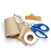 Scissors, Gauze, Adhesive tape, Adhesive bandage, on a white background.